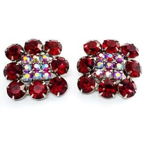 Square Red Rhinestone Clip On Earrings AB Iridescent MCM Vintage Silver Tone